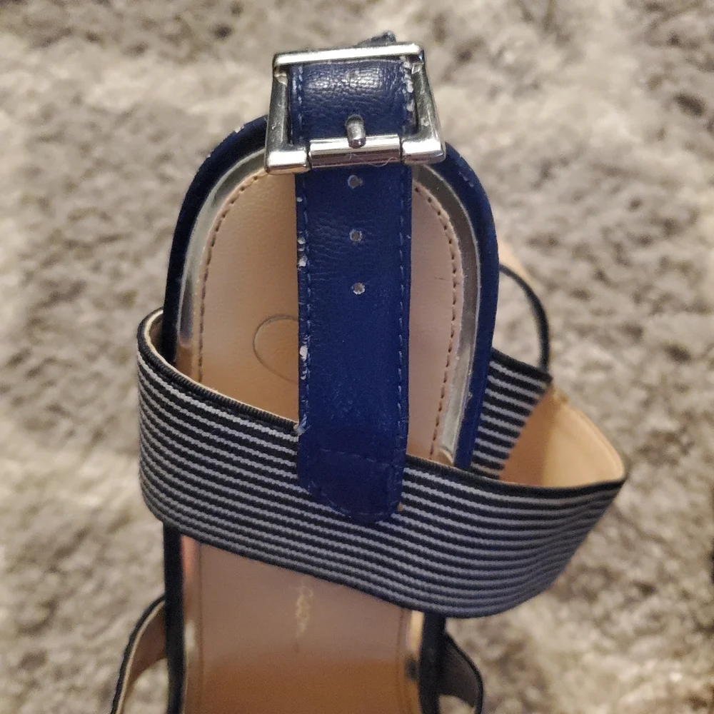 Navy Blue Striped Wedge Sandals
